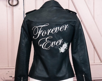 Black Wedding Jacket Embroidered Wedding Dress Bridal Cover Up Surname Floral Black Boho Bridal Leather Embroidered Biker Wedding Jacket