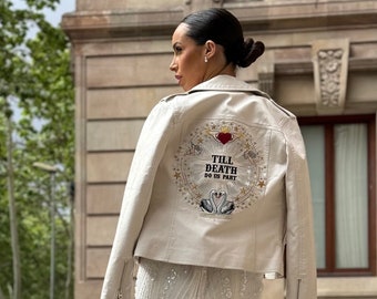 Personalised Wedding Jacket Bridal Cover Up Ivory Leather Jacket Custom Bride Jacket Celestial Wedding Celestial Bride Till Death Do Us Part