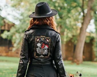 The Lovers Tarot Card Black Bride Leather Jacket Bridal Cover Up Wedding Custom Bride Jacket Skeleton Couple