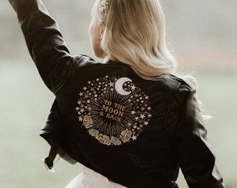 Black Cropped Bride Leather Jacket Bridal Cover Up Custom Bride Jacket Moon Stars Wedding Bride Jacket Zodiac Embroidery Celestial Bride