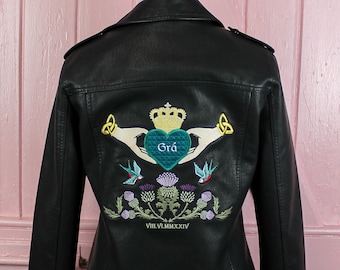 Custom Embroidered Leather Jacket Black Biker Jacket Bridal Cover Up Bridal Leather Jacket Custom Bride Jacket Irish Wedding Jacket Grá
