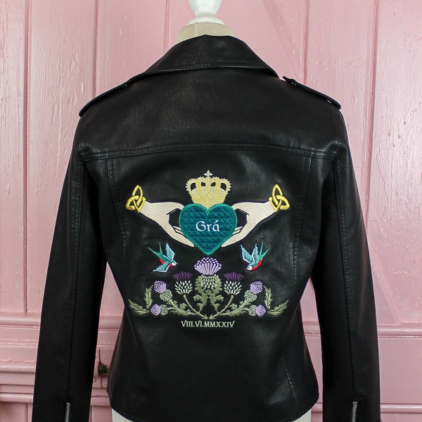 Custom Embroidered Leather Jacket Black Biker Jacket Bridal Cover Up Bridal Leather Jacket Custom Bride Jacket Irish Weedding Jacket Grá