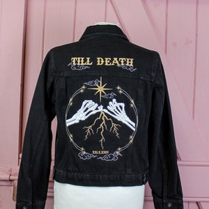 Till Death Gothic Skeleton Pinky Promise Black Jean Denim Bridal Embroidered Wedding Jacket