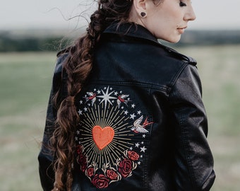 Valentines Heart Bride Leather Jacket Stunning Bridal Cover Up Custom Bride Jacket Zodiac Embroidery Gothic Love