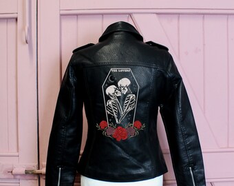 The Lovers Til Death Do Us Part Black Bride Leather Jacket Bridal Cover Up Wedding Custom Bride Jacket Skeleton Couple