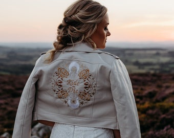 Ivory Cropped Bride Leather Jacket Bridal Cover Up Custom Bride Jacket Zodiac Embroidery Gift from Bridesmaid Ride or Die