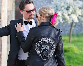 Celestial Bride Astrology Wedding Leather Jacket Moon Stars Wedding Bride Jacket Starry Night Wedding Jacket Custom Bride Jacket