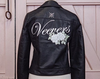 Black Leather Wedding Jacket Bridal Cover Up Elegant Surname with Florals Black Leather Biker Jacket Embroidered Bridal Wedding Jacket