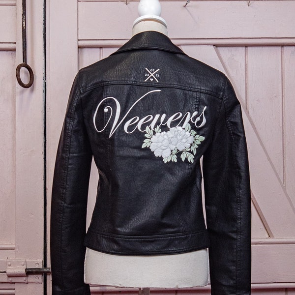 Black Leather Wedding Jacket Bridal Cover Up Elegant Surname with Florals Black Leather Biker Jacket Embroidered Bridal Wedding Jacket