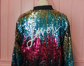 Rainbow Sequin Jacket Custom Sequin Bomber Jacket Party Jacket Embroidered Sequin Jacket Multicoloured Festival Coat Women Music Tour 2024