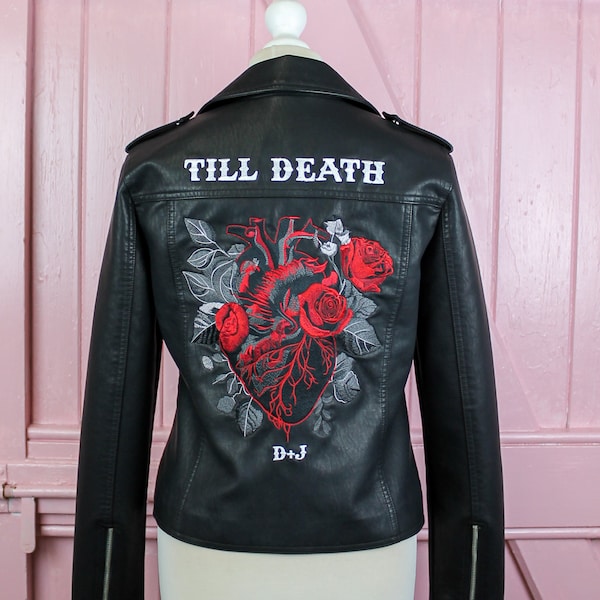 Custom Bridal Leather Jacket Gothic Bride Black Biker Jacket Bridal Cover Up Rock n Roll Wedding Anatomical Heart Till Death With Initals