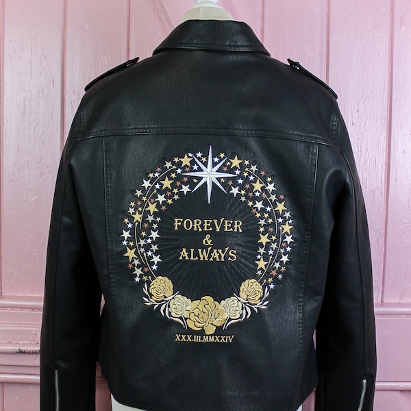 Black Leather Jacket Custom Embroidered Wedding Jacket Custom Bride Jacket Bridal Cover Up Floral Wedding Celestial Wedding Forever & Always