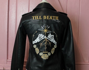 Black Biker Jacket Custom Bride Jacket Bridal Leather Jacket Gothic Wedding Black Bride Leather Jacket Skeleton Pinky Promise Till Death