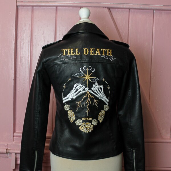 Black Biker Jacket Custom Bride Jacket Bridal Leather Jacket Gothic Wedding Black Bride Leather Jacket Skeleton Pinky Promise Till Death