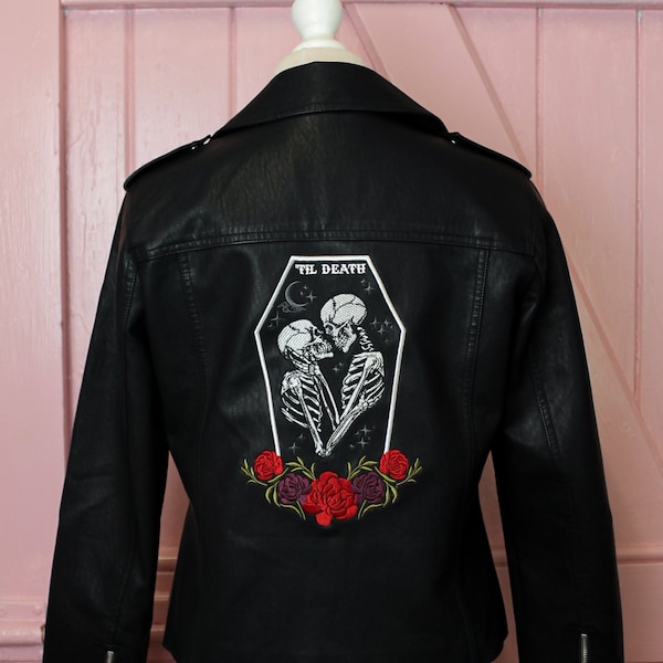 Lovers Til Death Black Bride Leather Jacket Custom Wedding Jacket Bridal Cover Up Custom Bride Jacket Coffin Skeleton Couple Celestial Bride