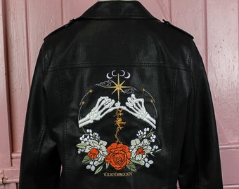 Black Leather Jacket Custom Wedding Jacket Celestial Wedding Bridal Cover Up Promise Gothic Wedding Floral Embroidery Moon Stars Wedding