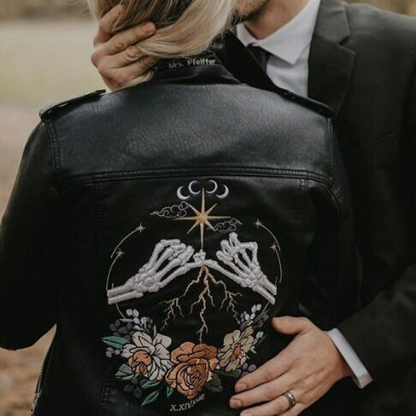 Black Bride Leather Jacket  Skeleton Pinky Promise Black Biker Jacket Custom Bride Jacket Gothic Wedding Bridal Cover Up Skeleton Couple