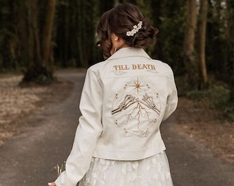 Ivory Bride Leather Jacket Bridal Cover Up Custom Bride Jacket Skeleton Pinky Promise Skeleton Couple Til Death Do Us Part Gothic Wedding