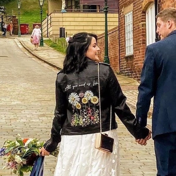 Wildflowers Black Faux Biker Vegan Pleather Embroidered Bridal Wedding Jacket