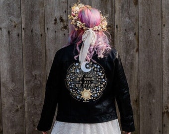 My Sun My Moon & All My Stars Bride Leather Jacket Stunning Bridal Cover Up Custom Bride Jacket Moon Stars Wedding Celestial Dress