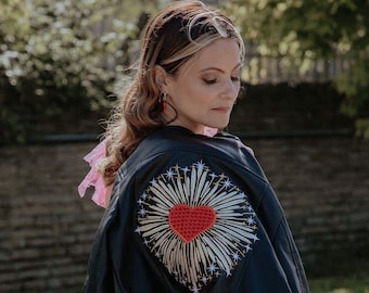 Red Love Heart Valentines Heart Bride Leather Jacket Stunning Bridal Cover Up Custom Bride Jacket Zodiac Embroidery Gothic Love