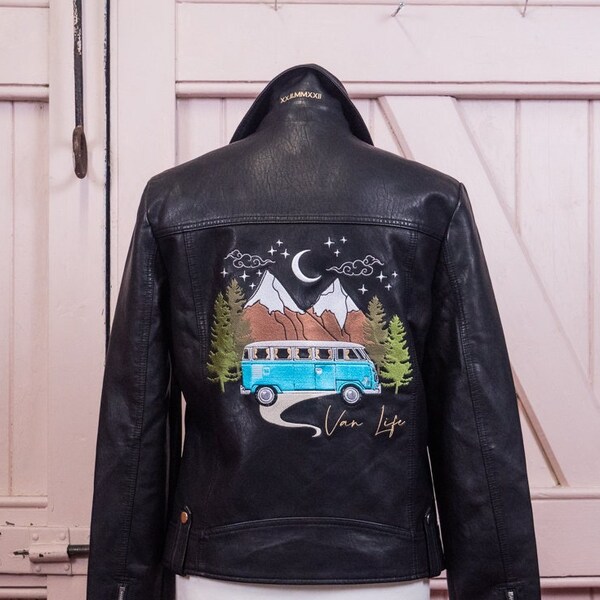 Custom Embroidered Black Biker Jacket Leather Wedding Jacket Bridal Cover Up Campervan Mountain Scene Black Embroidered Wedding Jacket