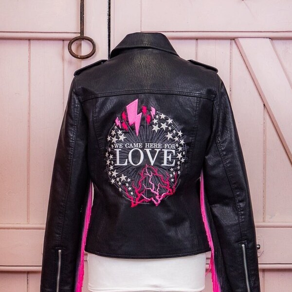 Black Bridal Leather Embroidered Jacket Hot Pink Electric Bolts Gothic Wedding Rock N Roll Bride Custom Wedding Jacket We came here for Love