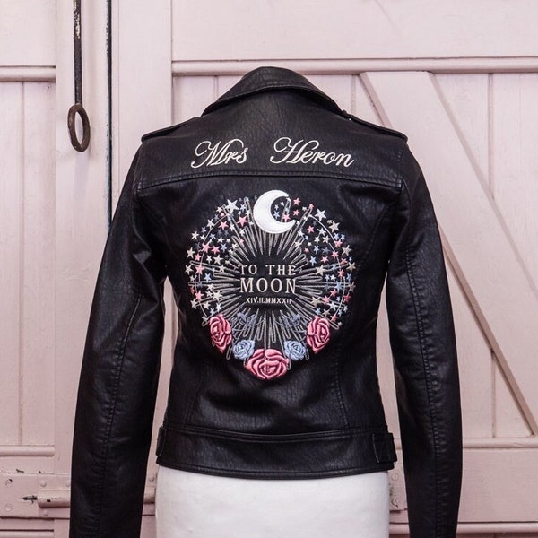 Pink Blue Celestial Zodiac Star Constellation Starry Night Black Bridal Pleather Embroidered Biker Wedding Jacket TO THE MOON