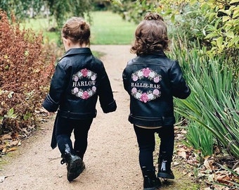 Custom Name Jacket Kid Leather Jacket Floral Wreath Flower Girl Jacket Gift My First Easter 1st Birthday Present