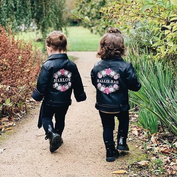 Custom Name Jacket Kid Leather Jacket Floral Wreath Flower Girl Jacket Gift My First Easter 1st Birthday Present