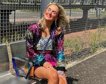 Rainbow Sequin Bomber Jacket Festival Outfit Tinsel Jacket Festival Jacket Rave Outfit Festival Accessories Rainbow Jacket by Niamh Designs