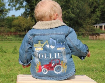 Personalised Boys Denim Jean Name Jacket - Tractors Trucks and Diggers Embroidered Jacket