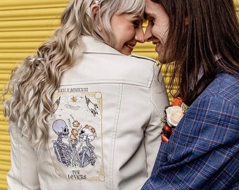 The Lovers Tarot Card Cream Bride Leather Jacket Bridal Cover Up Wedding Custom Bride Jacket Skeleton Couple