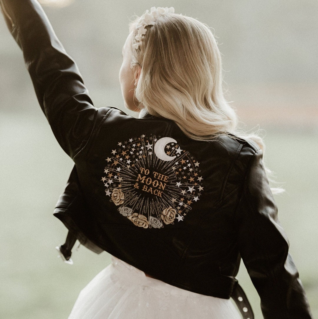 Black Cropped Bride Leather Jacket Bridal Cover up Custom Bride Jacket Moon Stars Wedding Bride Jacket Zodiac Embroidery Celestial Bride Etsy UK