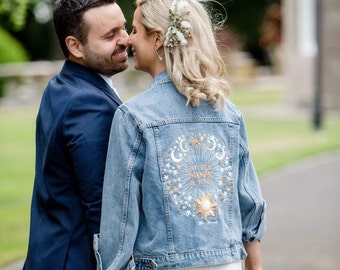 Blue Denim Wedding Jacket Custom Denim Jacket Bridal Cover Up Custom Bride Jacket Moon Stars Wedding Celestial Bride To the Moon & Back