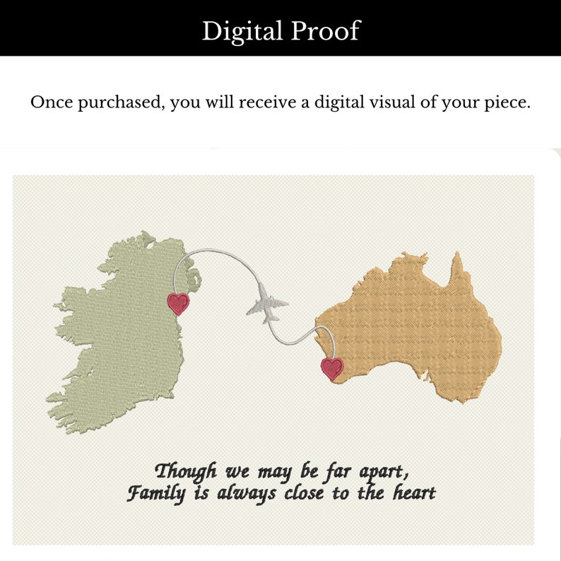 Australia and Ireland map embroidery for a long-distance miss-you gift, beautifully capturing the sentiment of family connections that transcend geographical boundaries