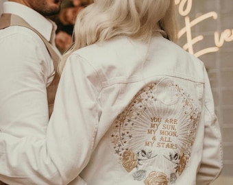 White Bride Jean Jacket Bridal Cover Up Custom Denim Jacket Zodiac Embroidery Moon Stars Wedding My Sun My Moon & All My Stars