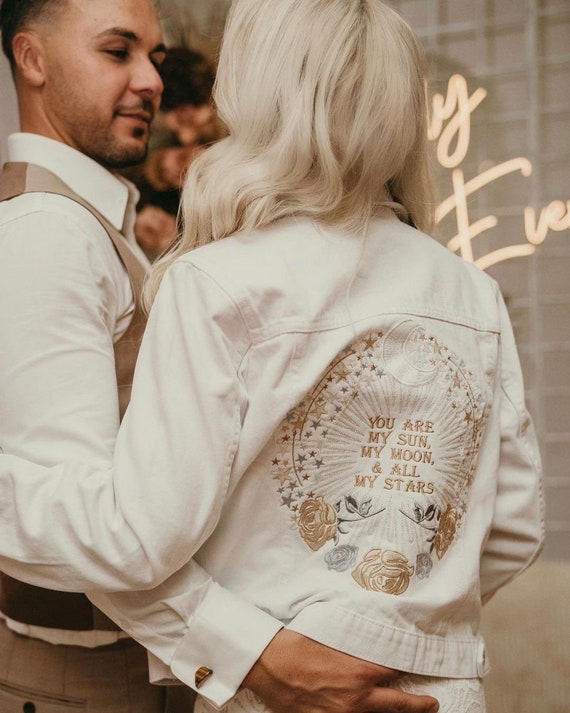 White Bride Jean Jacket Bridal Cover up Custom Denim Jacket Zodiac Embroidery Moon Stars Wedding My Sun My Moon All My Stars Etsy