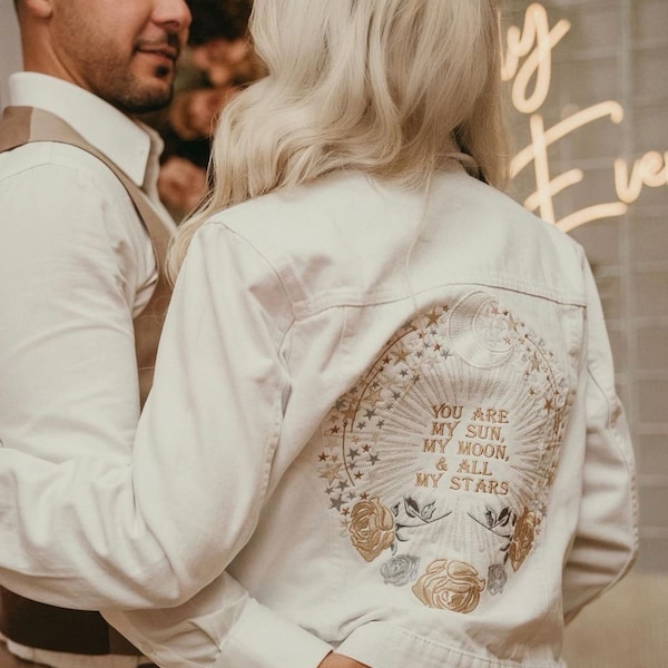 White Bride Jean Jacket Bridal Cover Up Custom Denim Jacket Zodiac Embroidery Moon Stars Wedding My Sun My Moon & All My Stars