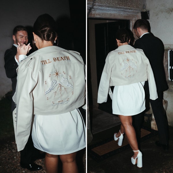 Bride Leather Jacket Bridal Cover Up Custom Bride Jacket Zodiac Embroidery Skeleton Couple Pinky Promise Embroidered Ivory Cropped Jacket