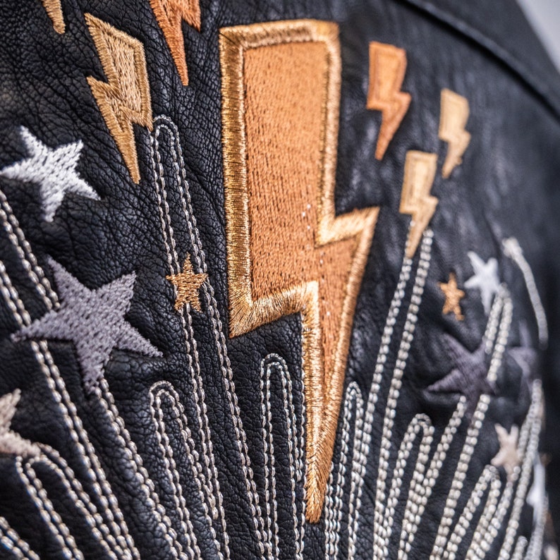 Celestial bride embroidered biker jacket, a bold choice for wedding attire