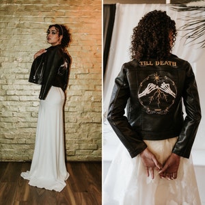 Black Leather Wedding Jacket with gothic till death embroidery on the back by Irish designer Niamh Designs.