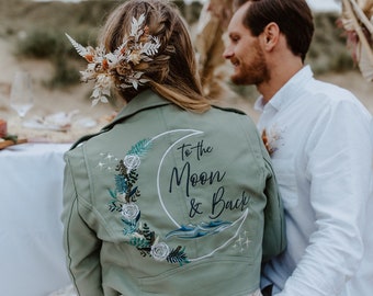 To the Moon & Back Green Leather Jacket Cropped Bride Leather Jacket Stunning Bridal Cover Up Custom Bride Jacket Celestial Dress