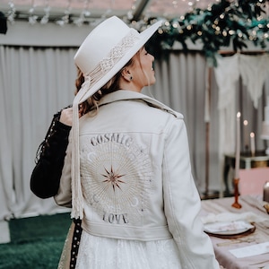 Ivory Cropped Bride Leather Jacket Bridal Cover Up Custom Bride Jacket Zodiac Embroidery Gift from Bridesmaid Cosmic Love