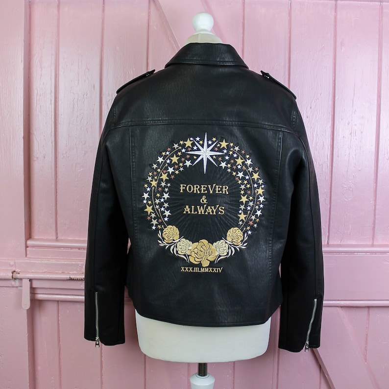 Bespoke women's leather jacket adorned with bridal embroidery