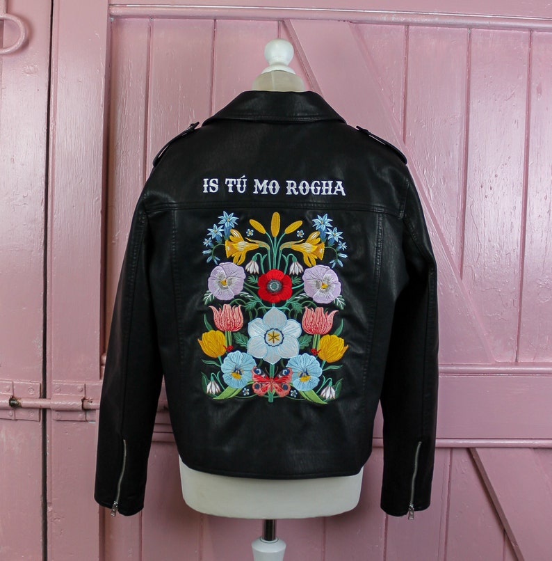 Bride-themed custom embroidered leather jacket for women