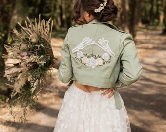 Couple Pinky Promise Green Leather Jacket Cropped Bride Leather Jacket Stunning Bridal Cover Up Custom Bride Jacket