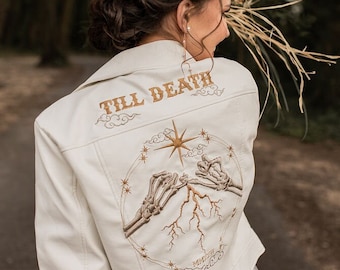 Ivory Bride Leather Jacket Bridal Cover Up Custom Bride Jacket Skeleton Pinky Promise Skeleton Couple Til Death Do Us Part Gothic Wedding