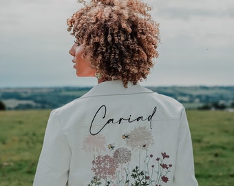 Ivory Bride Leather Jacket Bridal Cover Up Custom Bride Jacket Wildflower Design Cariad Welsh Wales