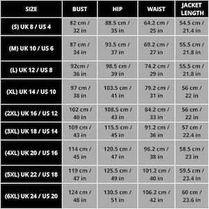 A graphical representation of various sizes and measurements to help customers find their perfect fit